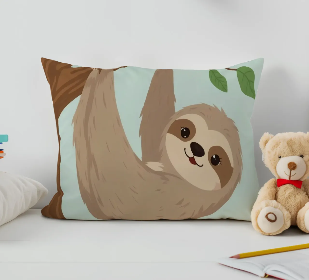 Simpatico bradipo dei cartoni animati appeso a testa in giù a un ramo marrone cuscino da DesignDoodle