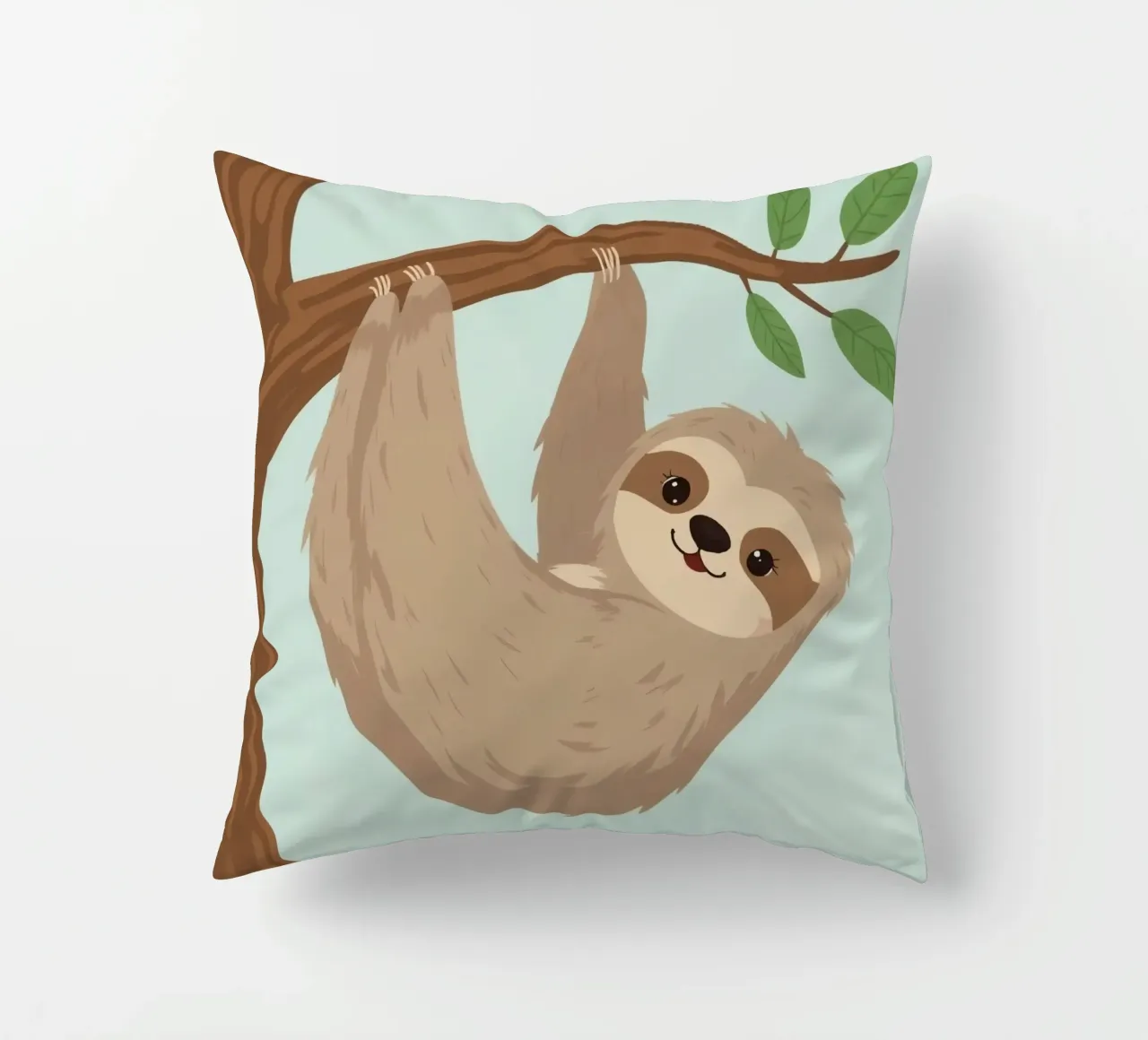 Simpatico bradipo dei cartoni animati appeso a testa in giù a un ramo marrone cuscino da DesignDoodle