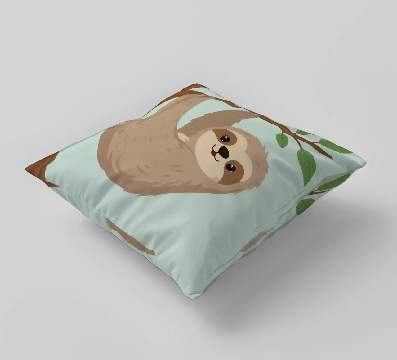 Simpatico bradipo dei cartoni animati appeso a testa in giù a un ramo marrone cuscino da DesignDoodle
