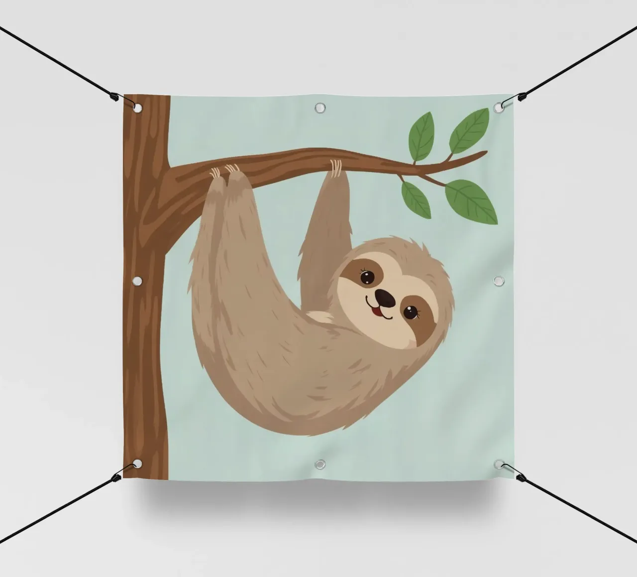 Simpatico bradipo dei cartoni animati appeso a testa in giù a un ramo marrone telo in pvc da DesignDoodle
