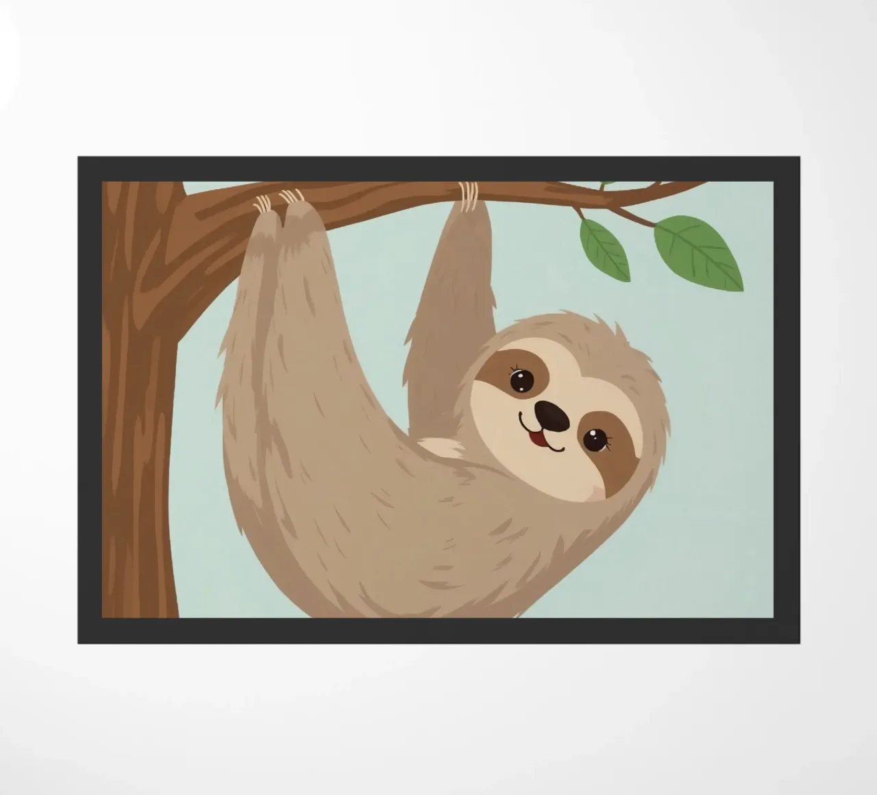 Un simpático perezoso de dibujos animados cuelga boca abajo de una rama marrón felpudo de DesignDoodle