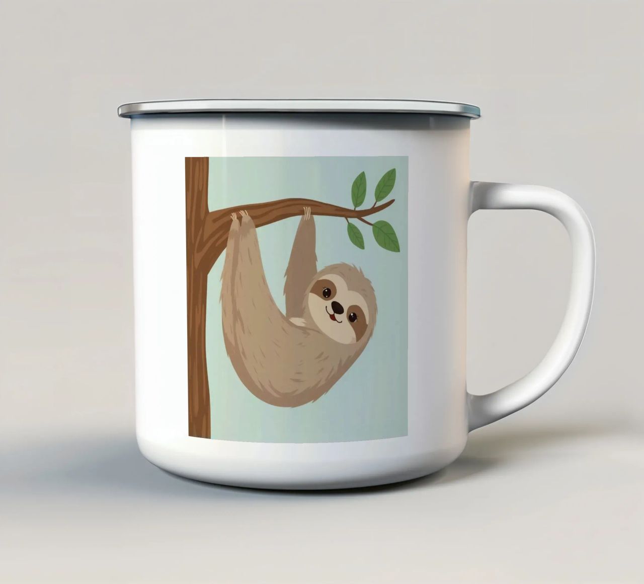 Simpatico bradipo dei cartoni animati appeso a testa in giù a un ramo marrone tazza in smalto da DesignDoodle