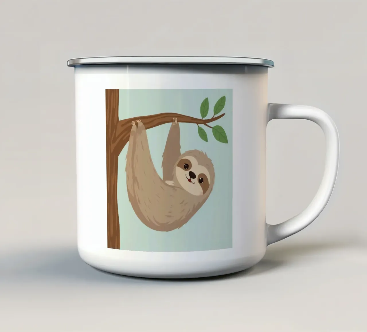 Un simpático perezoso de dibujos animados cuelga boca abajo de una rama marrón taza de esmalte de DesignDoodle