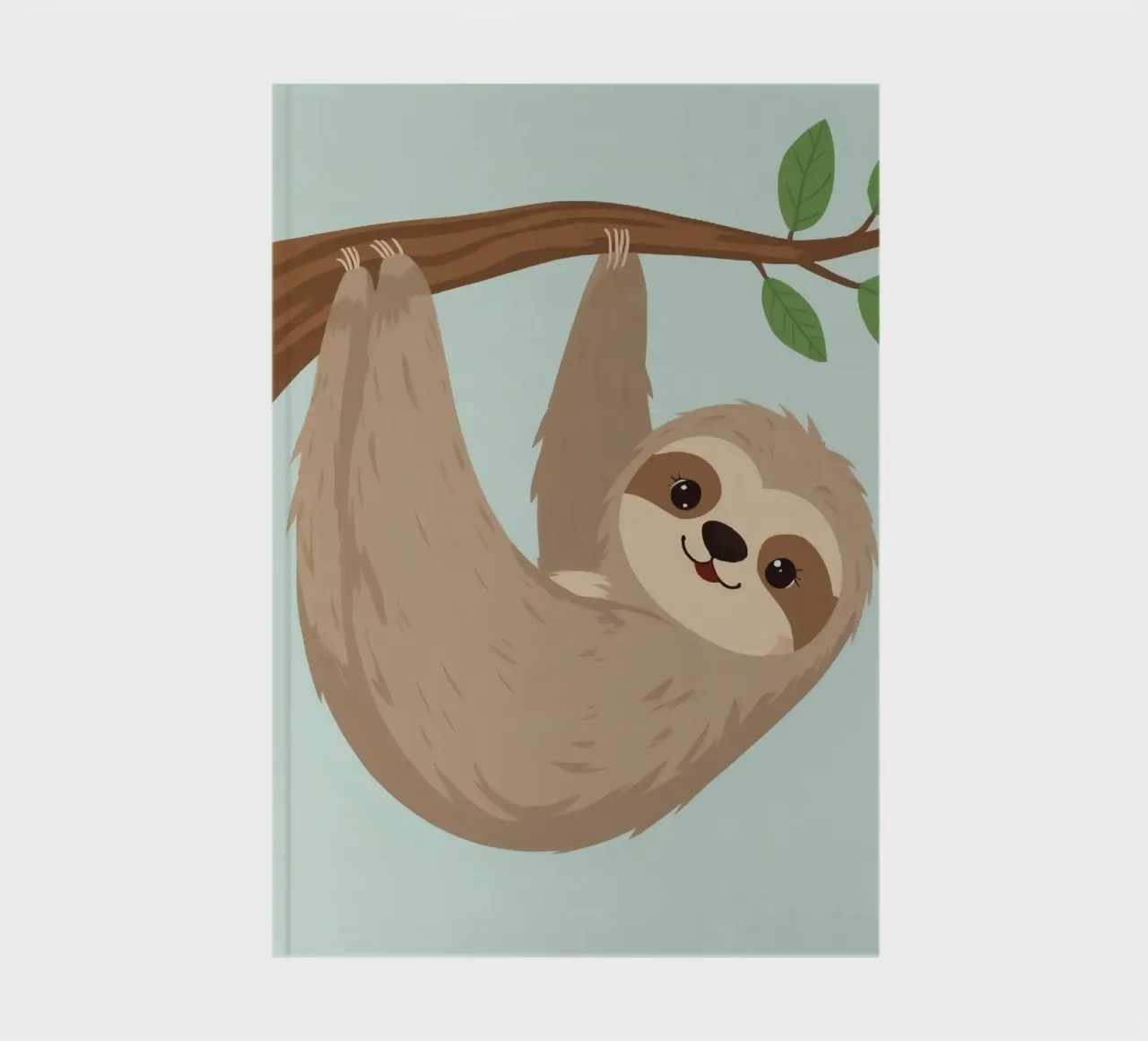 Cute cartoon sloth hangs upside down from a brown branch notebook by DesignDoodle