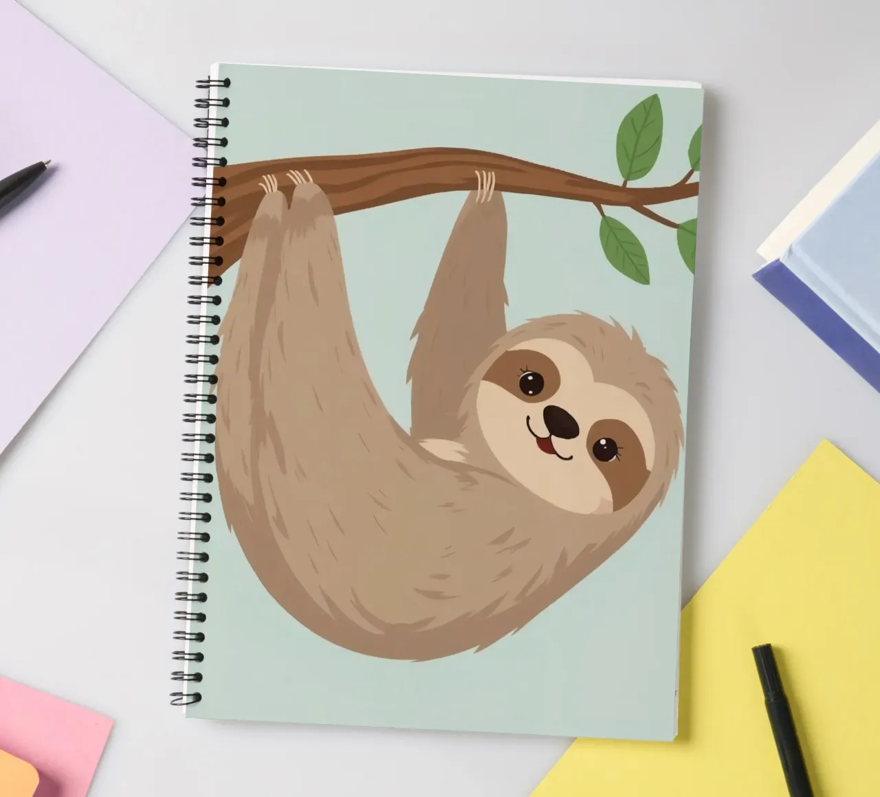 Cute cartoon sloth hangs upside down from a brown branch spiral notebook by DesignDoodle