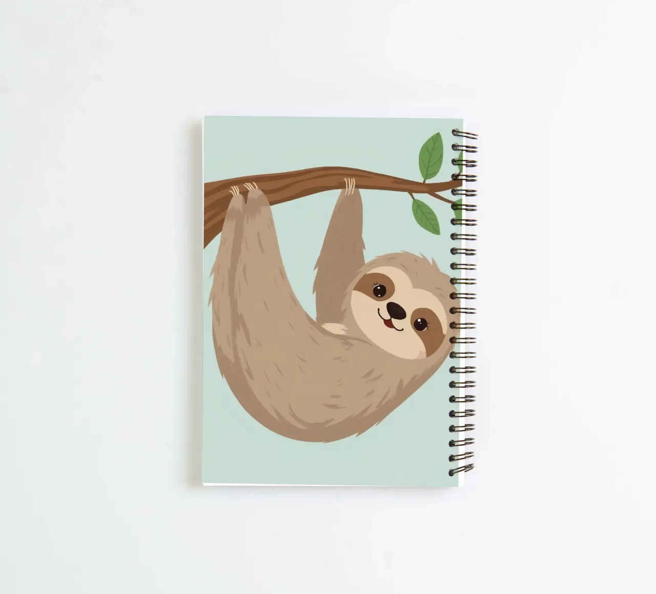 Cute cartoon sloth hangs upside down from a brown branch spiral notebook by DesignDoodle