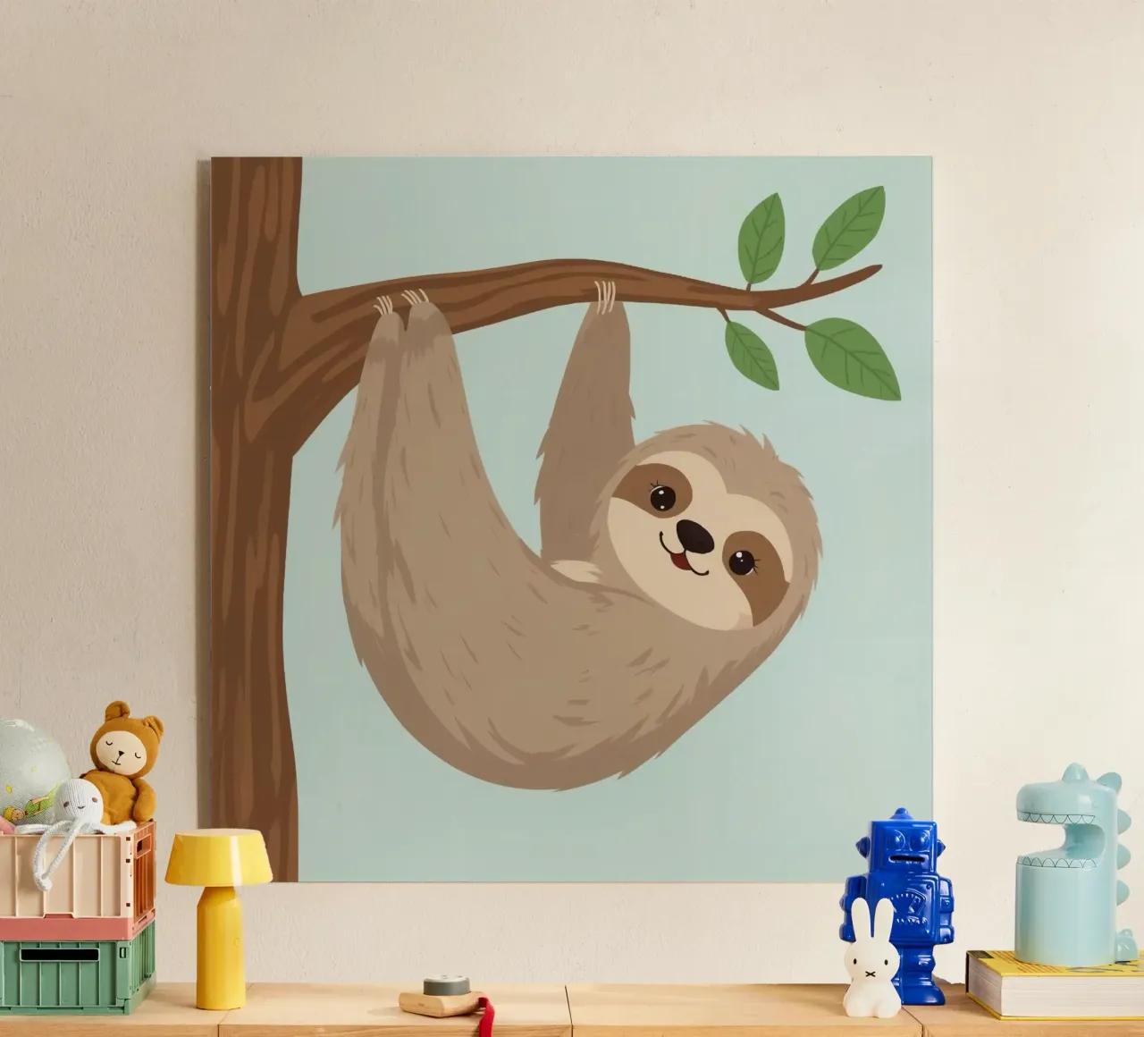 Simpatico bradipo dei cartoni animati appeso a testa in giù a un ramo marrone plexiglass da DesignDoodle