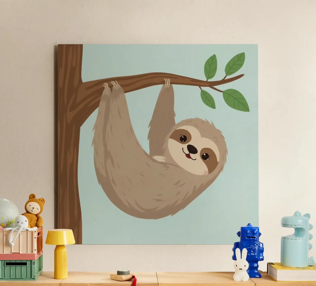 Simpatico bradipo dei cartoni animati appeso a testa in giù a un ramo marrone alluminio dibond da DesignDoodle