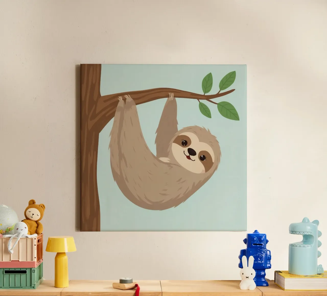 Simpatico bradipo dei cartoni animati appeso a testa in giù a un ramo marrone tela da DesignDoodle