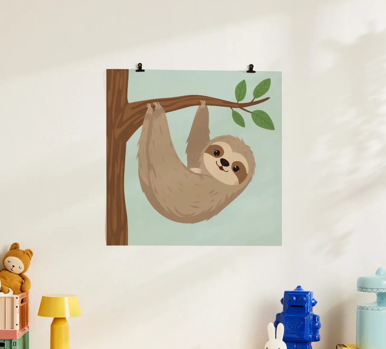 Simpatico bradipo dei cartoni animati appeso a testa in giù a un ramo marrone carta hahnemühle da DesignDoodle