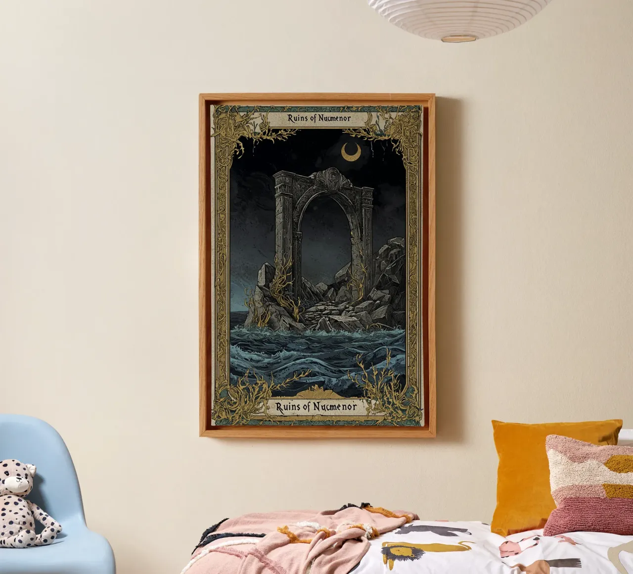 Ruins of Númenor – Fantasy Poster in Woodcut Style canvas with Floater frame by Mittelerde Atelier