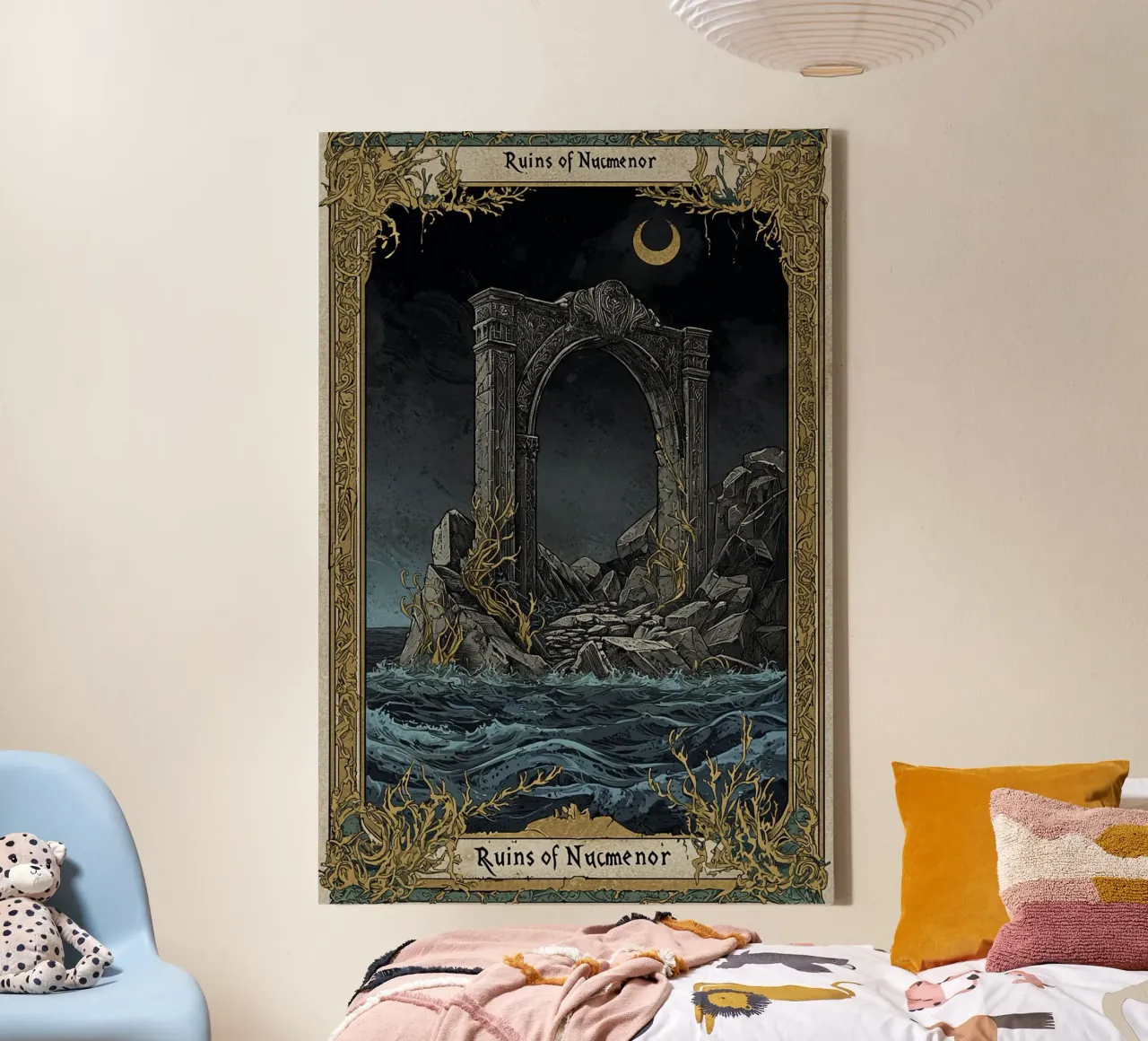 Ruins of Númenor – Fantasy Poster in Woodcut Style canvas with Floater frame by Mittelerde Atelier