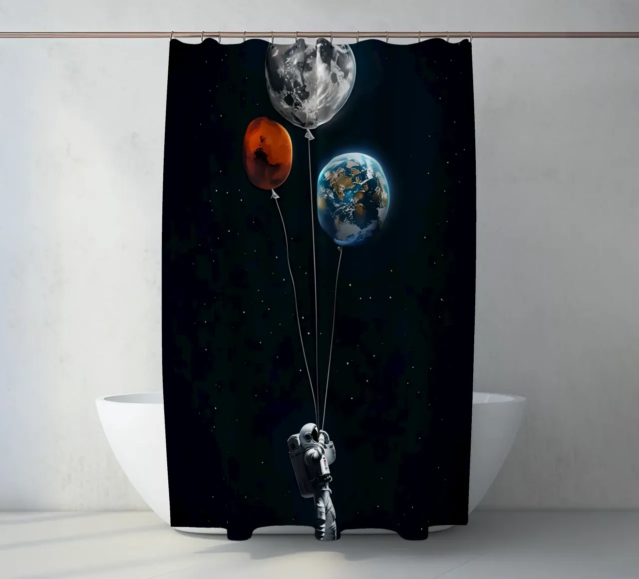 Astronaut with Planet Balloons in Space shower curtain by 🥝 KIWI STORE