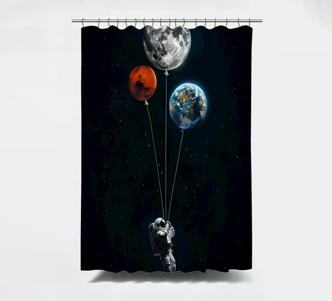 Astronaut with Planet Balloons in Space shower curtain by 🥝 KIWI STORE