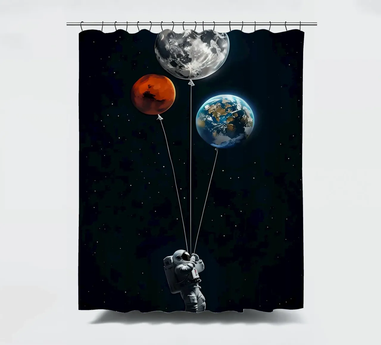 Astronaut with Planet Balloons in Space shower curtain by 🥝 KIWI STORE
