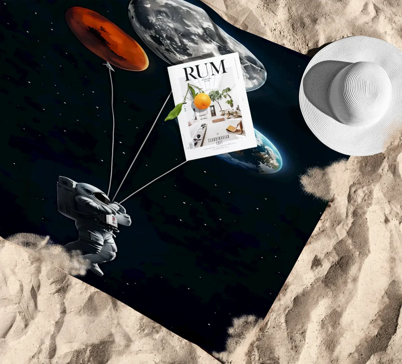 Astronaut with Planet Balloons in Space beach towel by 🥝 KIWI STORE