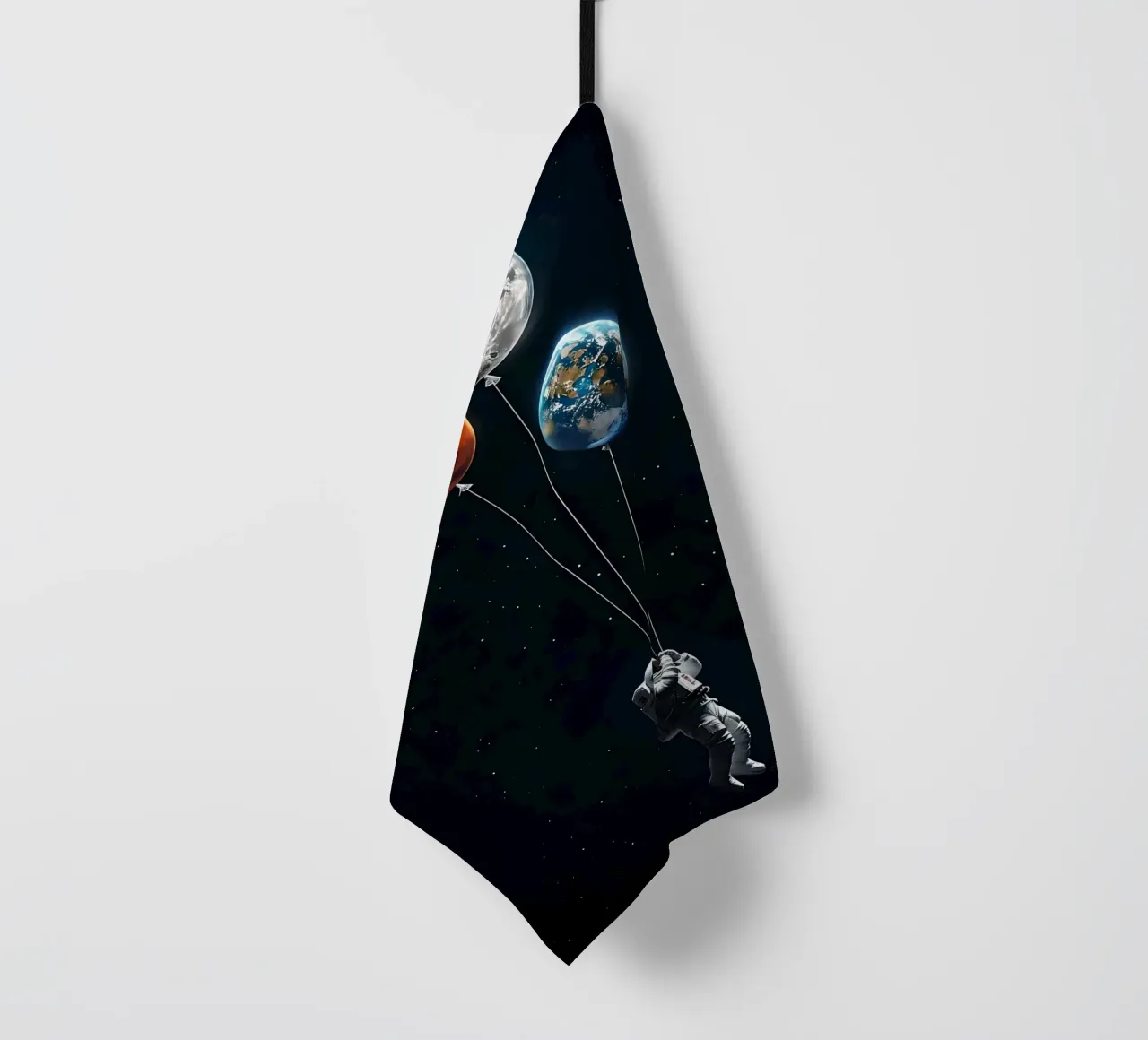 Astronaut with Planet Balloons in Space tea towel by 🥝 KIWI STORE