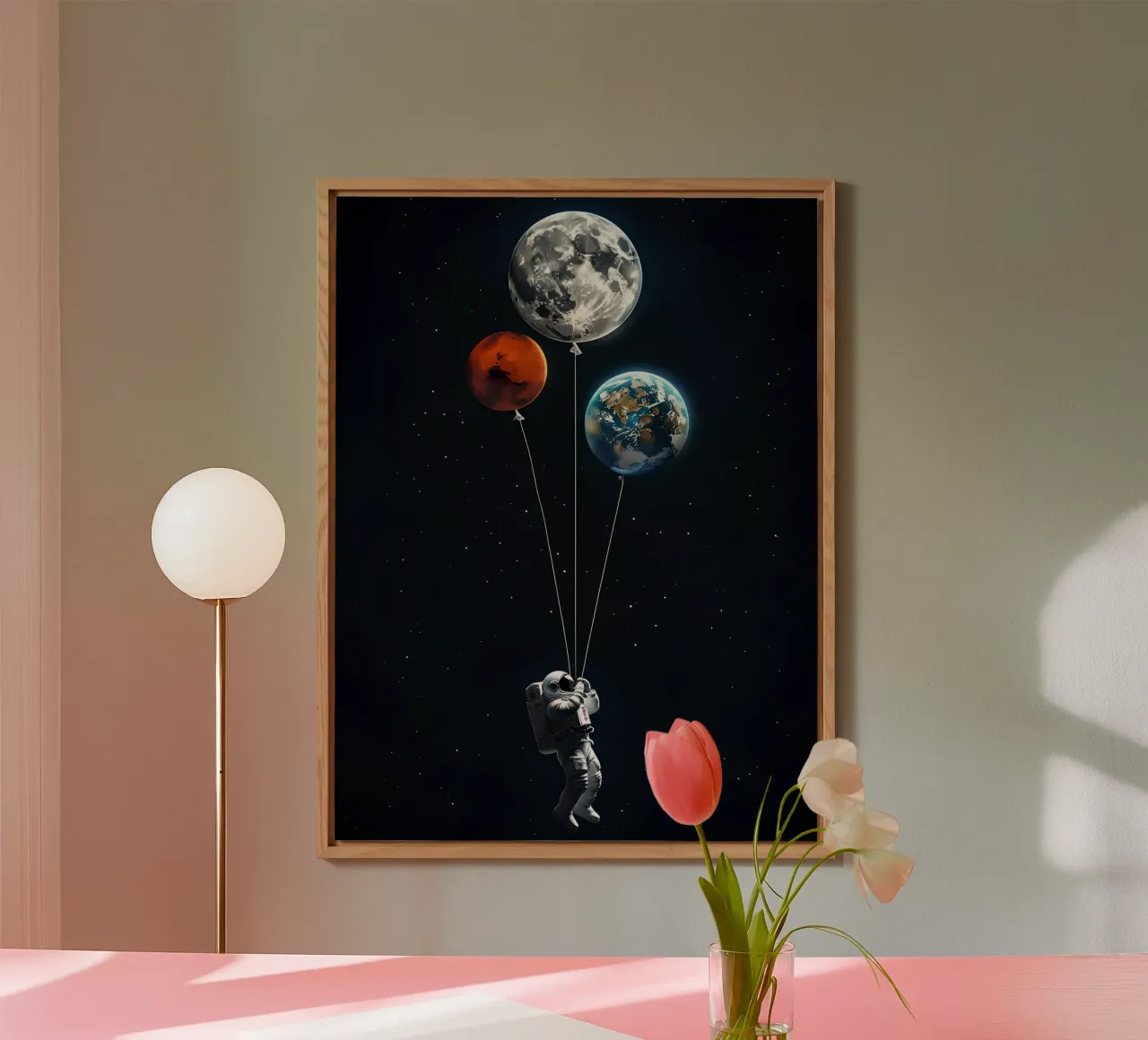 Astronaut with Planet Balloons in Space alu-dibond by 🥝 KIWI STORE