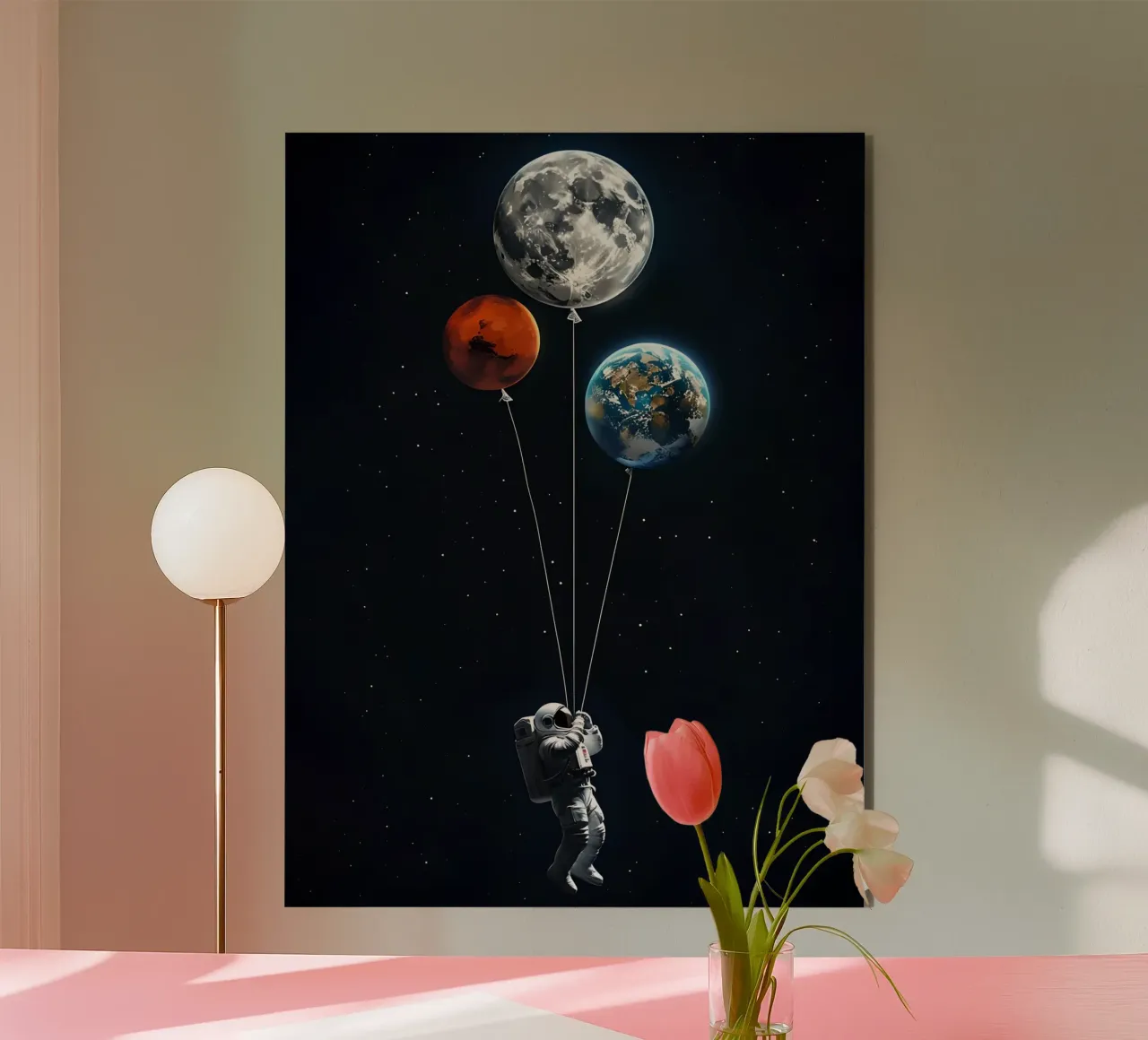 Astronaut with Planet Balloons in Space alu-dibond by 🥝 KIWI STORE