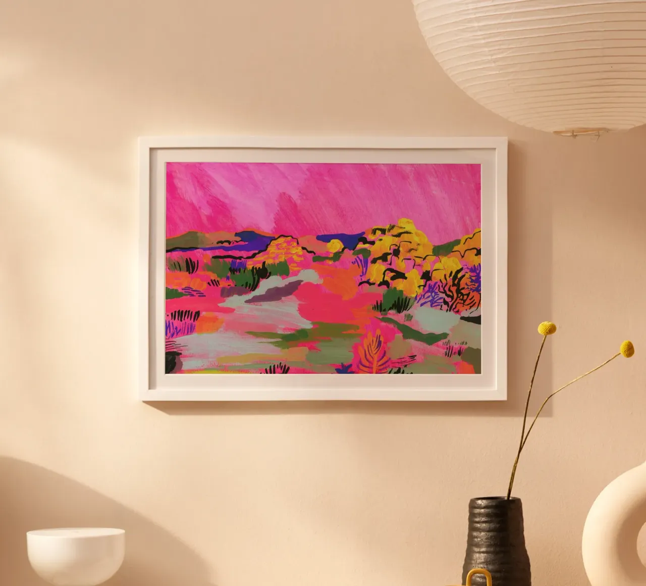 Pink Landscaspe poster con telaio in alluminio da Sonia Brittain