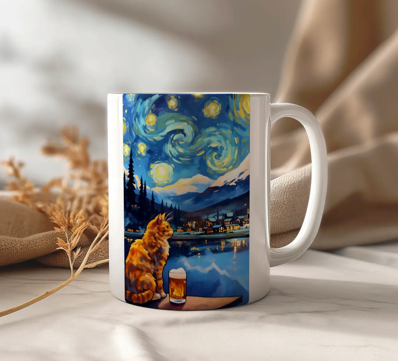 Gatto beve birra Serata stellare tazza in ceramica da Fleur de Lys