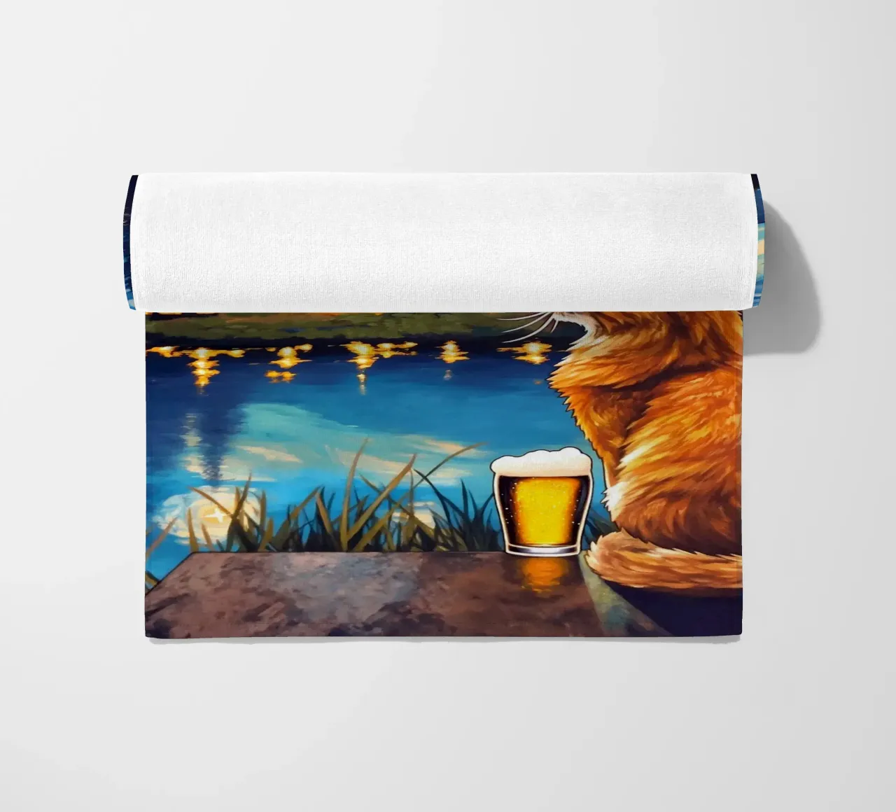 Gatto beve birra Serata stellare telo mare da Fleur de Lys