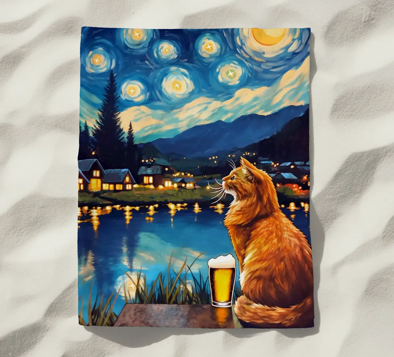 Gatto beve birra Serata stellare telo mare da Fleur de Lys