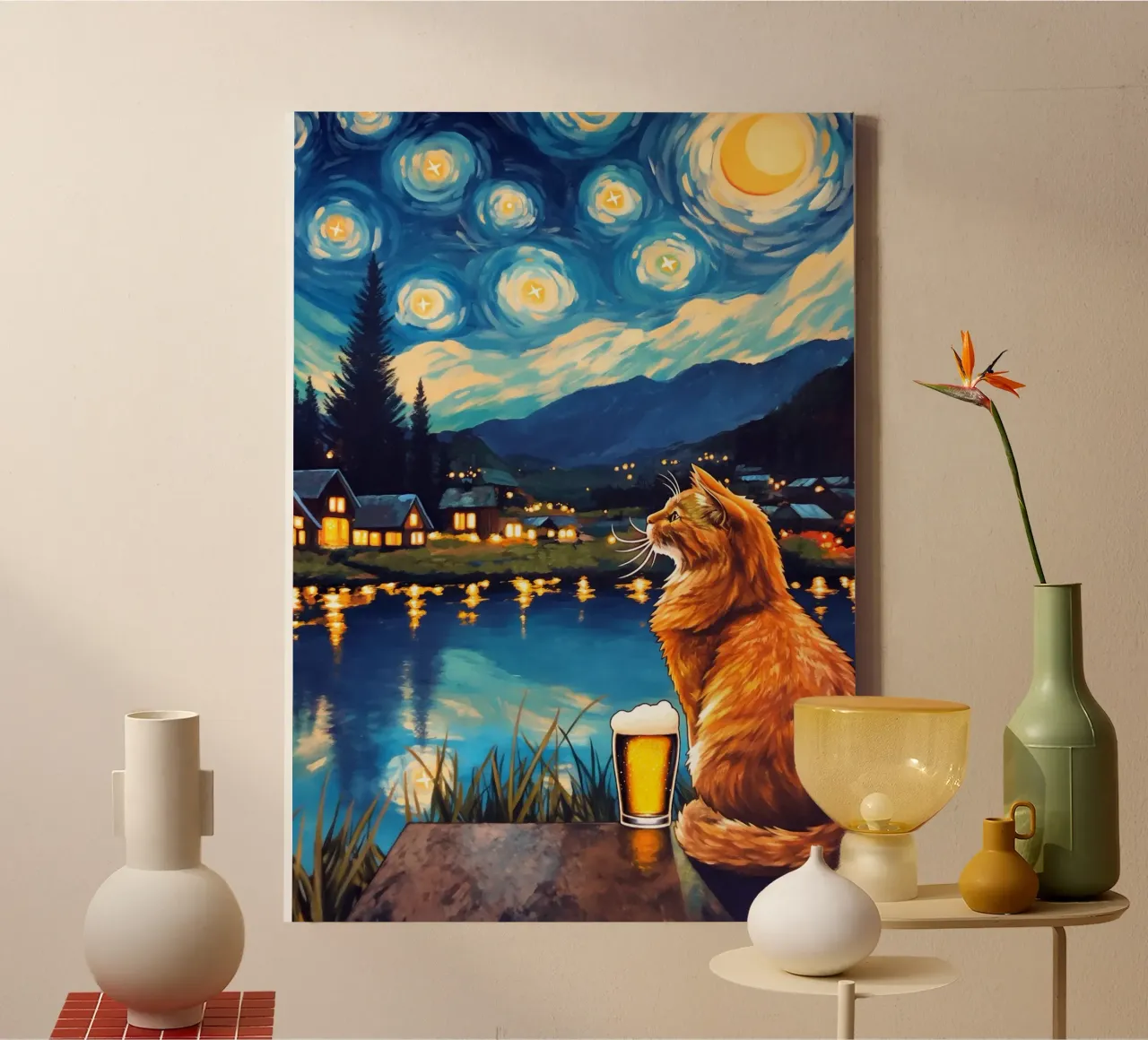 Gatto beve birra Serata stellare tela con Cornice a cassetta da Fleur de Lys