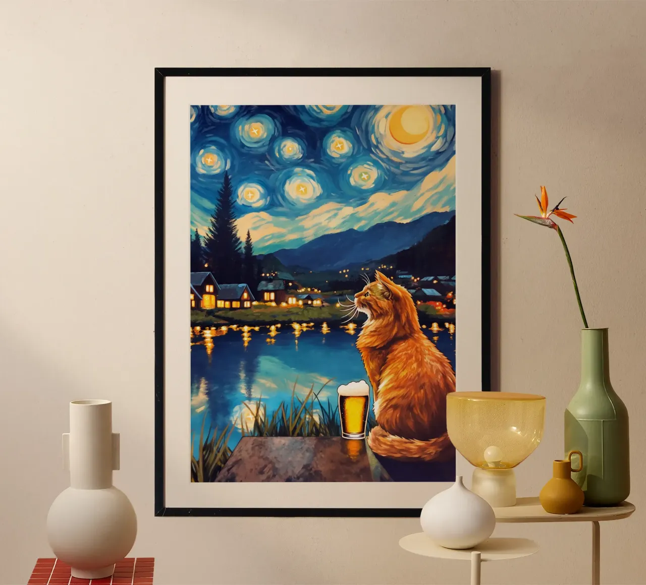 Gatto beve birra Serata stellare poster da Fleur de Lys