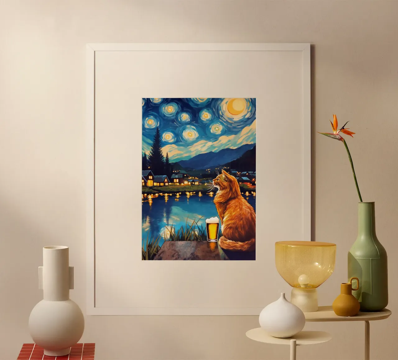 Gatto beve birra Serata stellare poster da Fleur de Lys