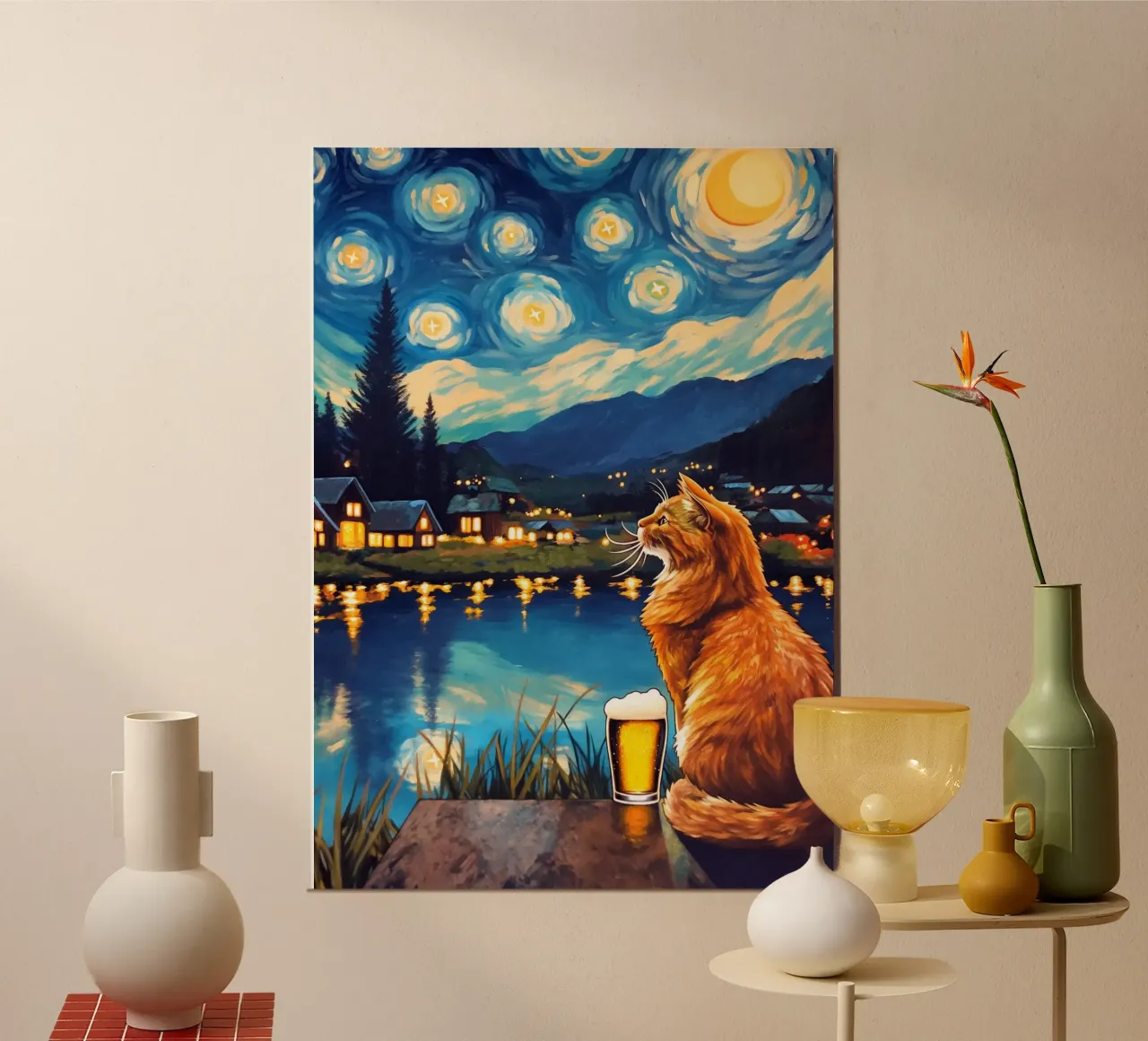 Gatto beve birra Serata stellare poster da Fleur de Lys