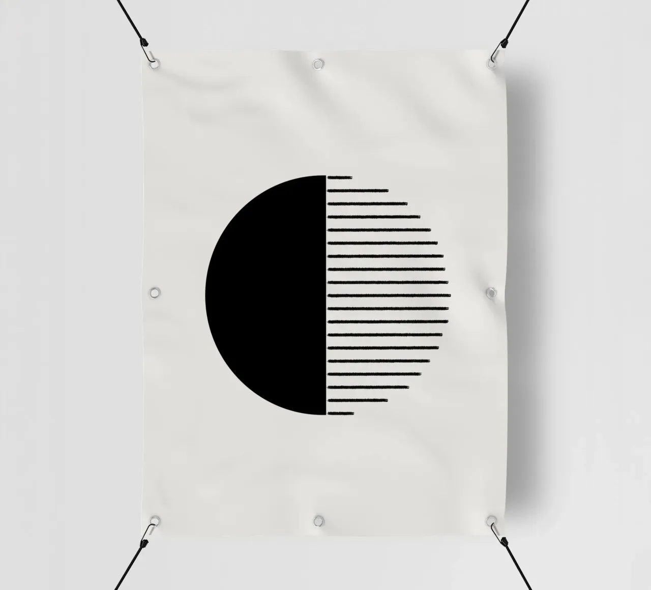 Minimalist geometric artwork with lines and circles in black lonas publicitarias de Imaginative