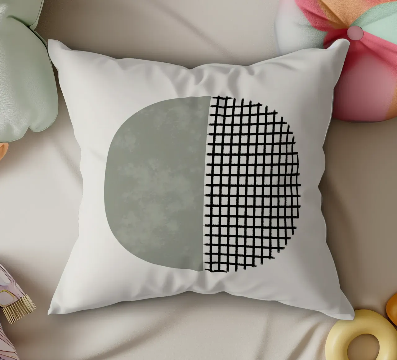 Minimalist geometric artwork lines and circles in sage green cuscino da Imaginative