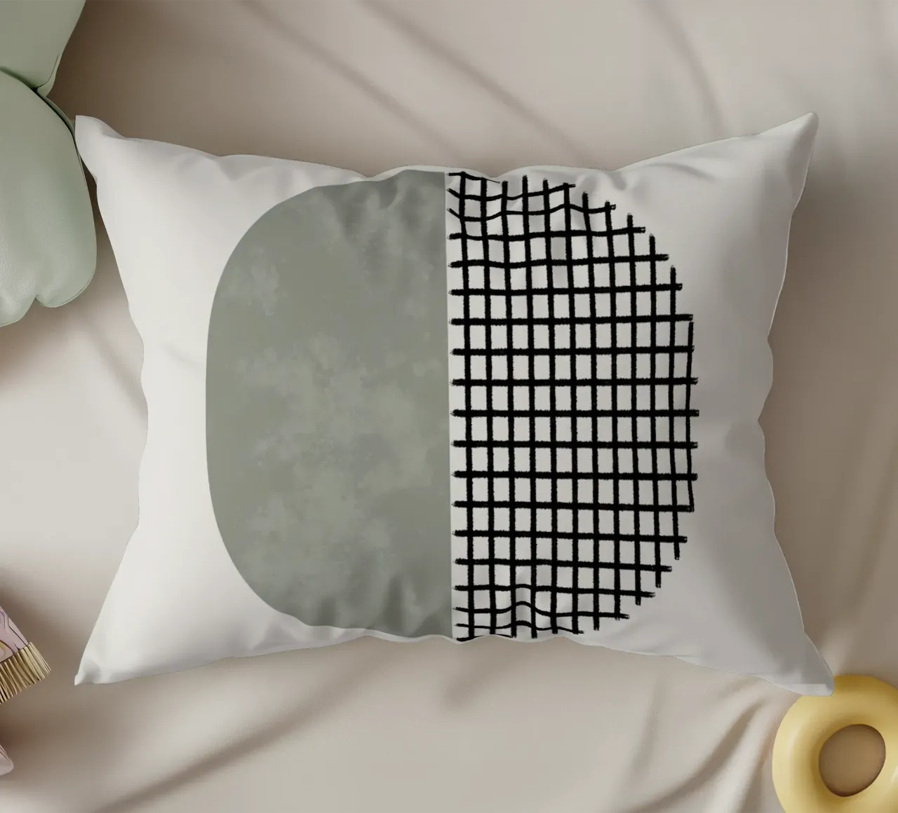 Minimalist geometric artwork lines and circles in sage green cuscino da Imaginative