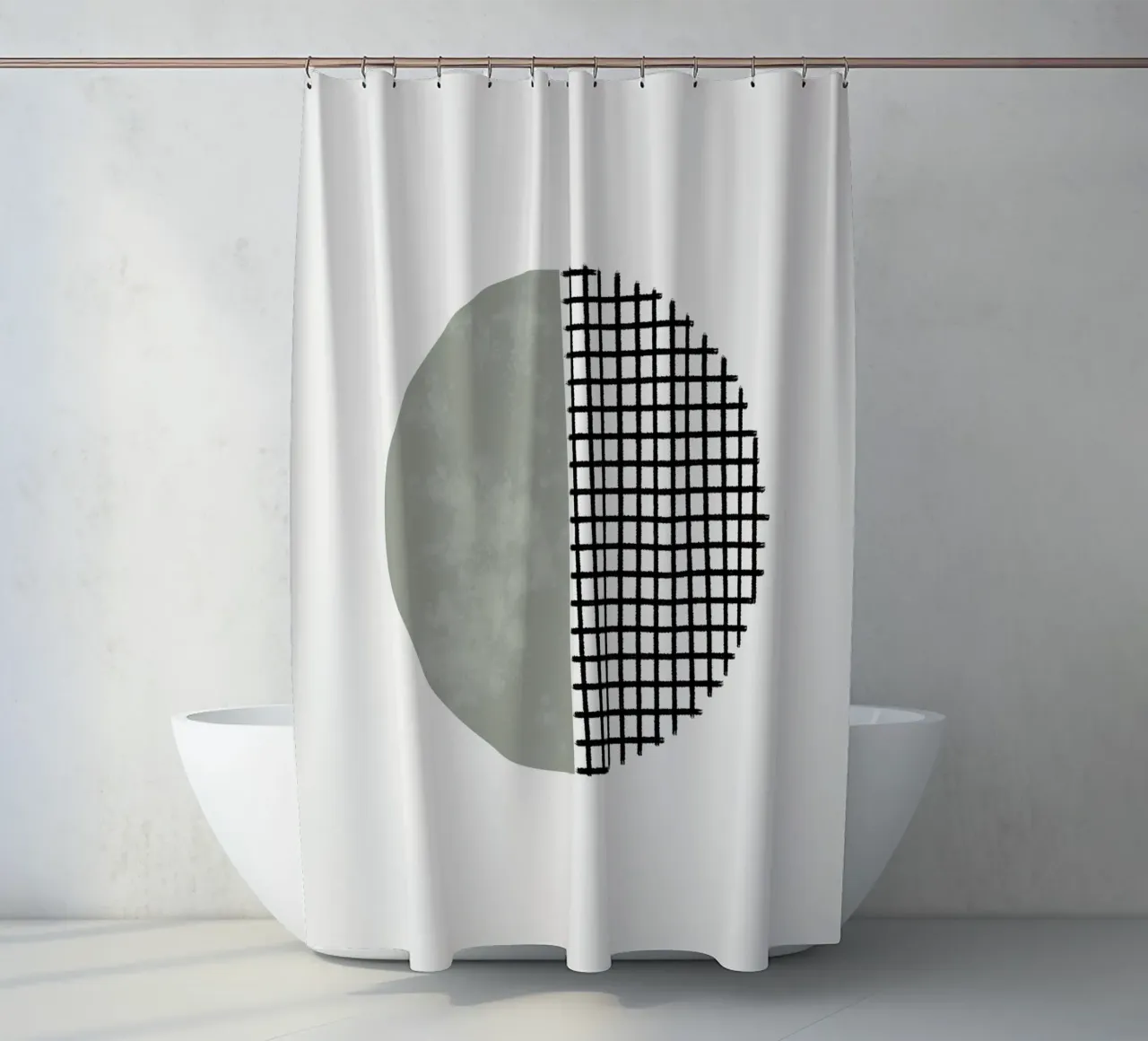 Minimalist geometric artwork lines and circles in sage green Duschvorhang von Imaginative