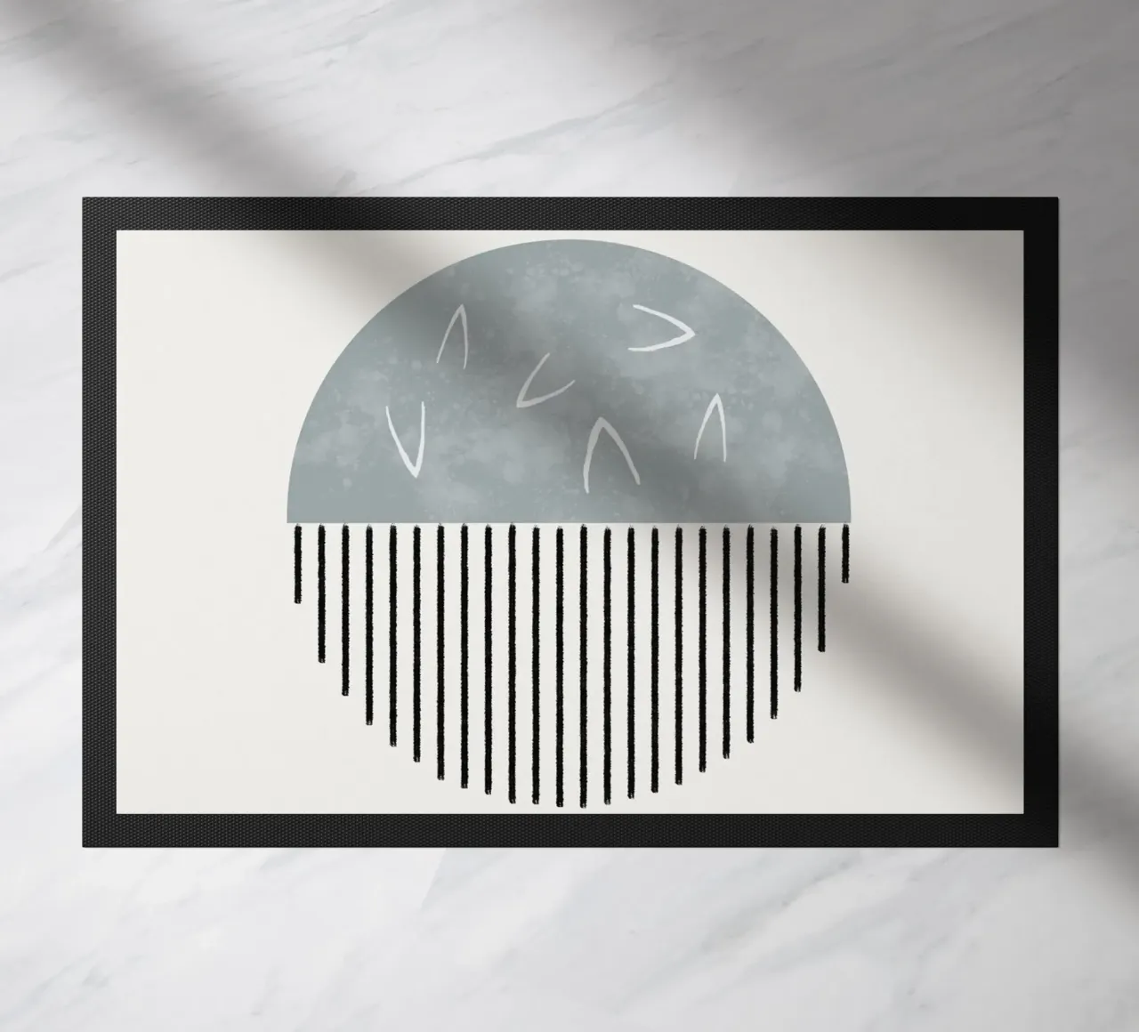 Minimalist artwork with a round shape and black lines doormat by Imaginative