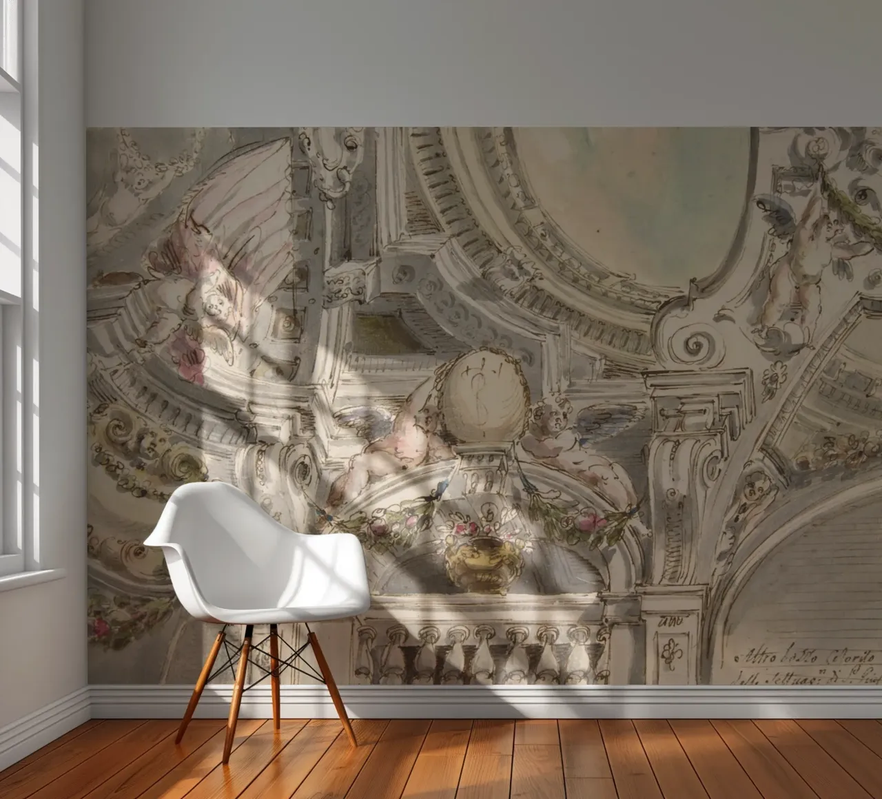 Boceto de techo rococó: Estudio arquitectónico, querubines y ornamentación papel para pared de ClubArt
