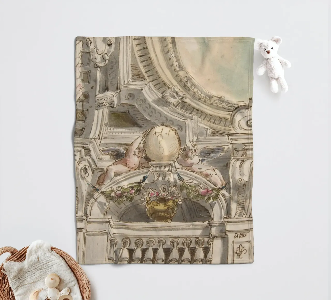 Schizzo di soffitto rococò: Studio architettonico, cherubini e ornati coperta in pile da ClubArt