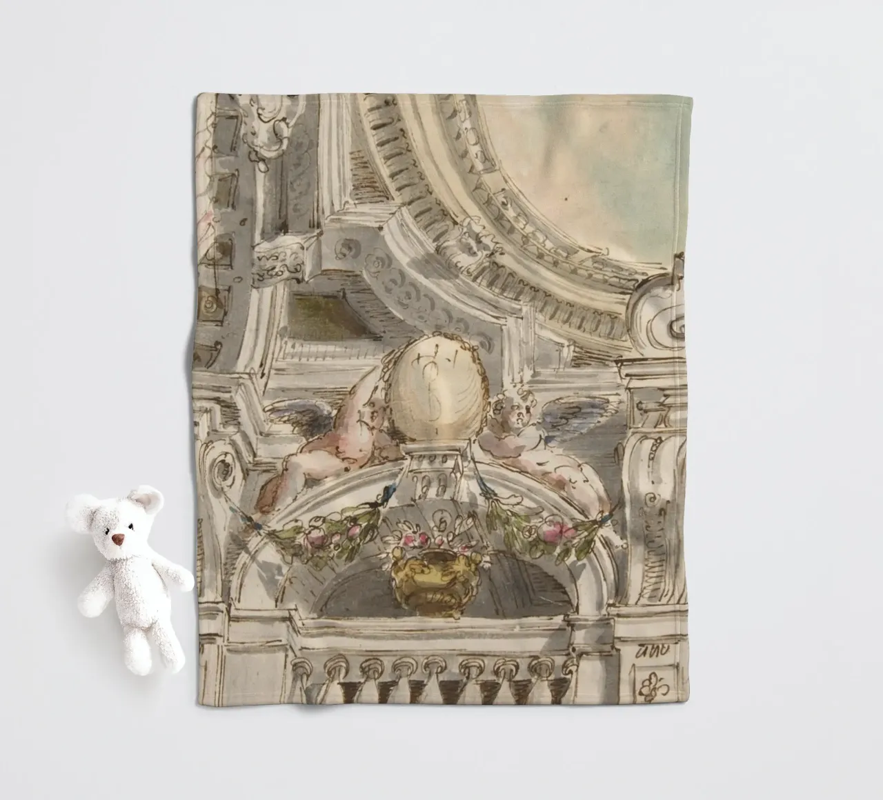 Schizzo di soffitto rococò: Studio architettonico, cherubini e ornati coperta in pile da ClubArt