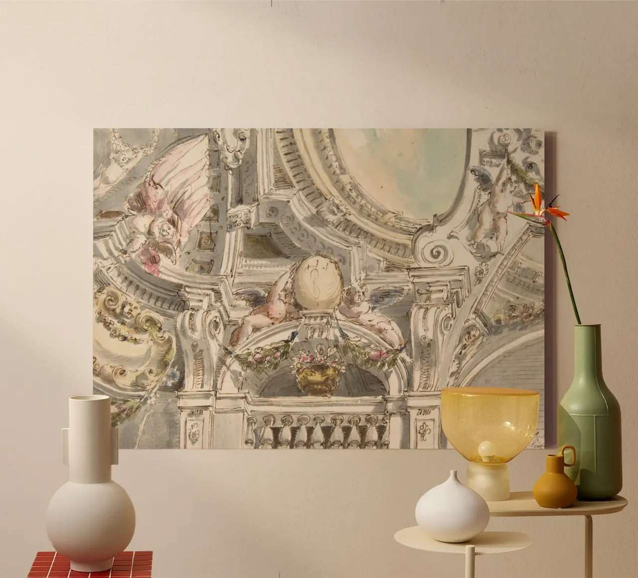 Rococo Ceiling Sketch: Architectural Study, Cherubs & Ornate canvas by ClubArt