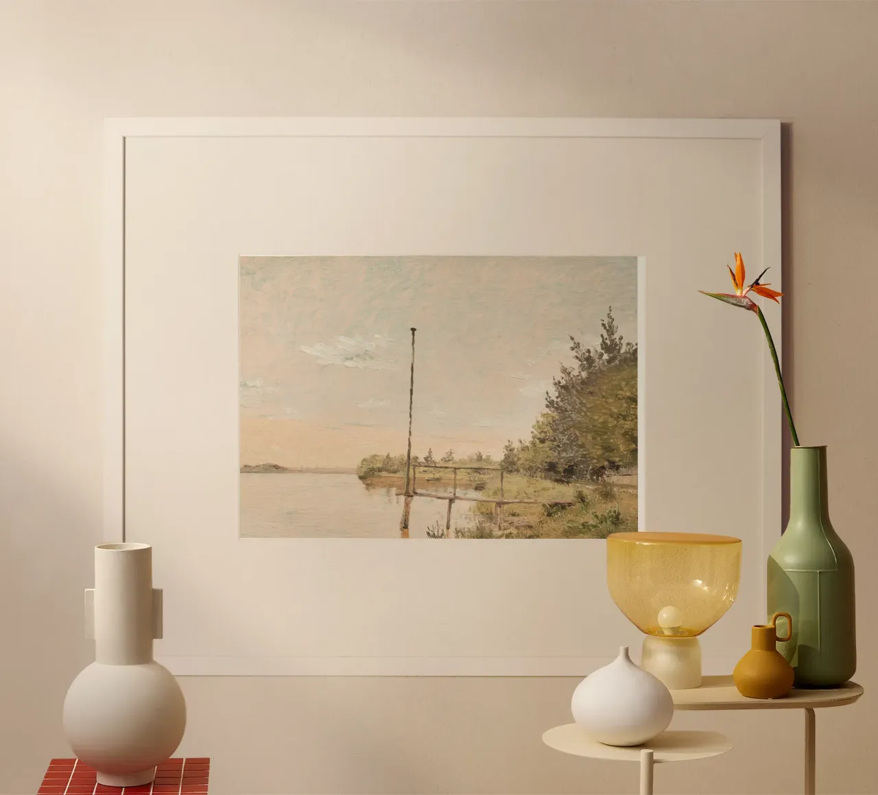 Dock am See: Impressionistische Wasserlandschaft, rustikaler Charme Poster mit Aluminium Rahmen von ClubArt