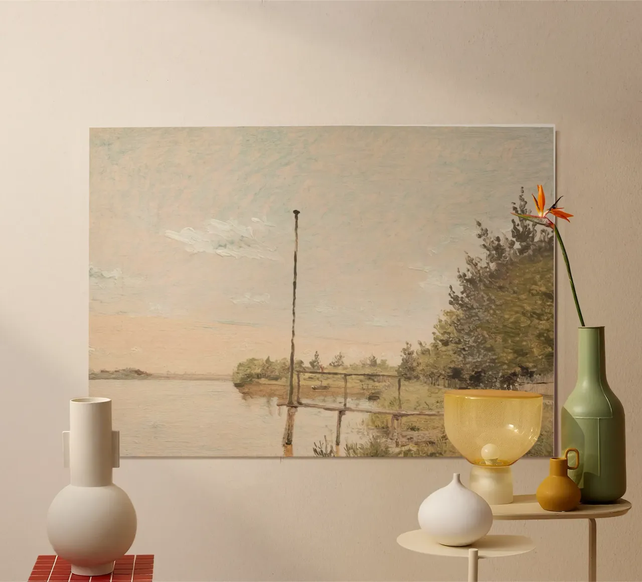 Dock am See: Impressionistische Wasserlandschaft, rustikaler Charme Poster mit Aluminium Rahmen von ClubArt