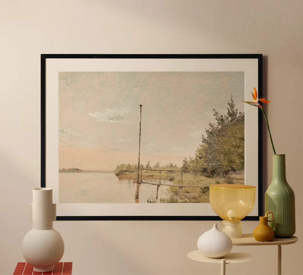 Dock am See: Impressionistische Wasserlandschaft, rustikaler Charme Poster mit Aluminium Rahmen von ClubArt