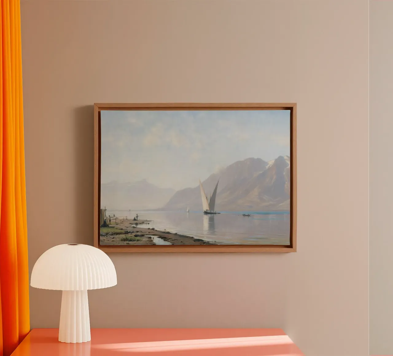 Noors fjord: Kustlandschap zeilboot, sereen zeegezicht canvas met Baklijst van ClubArt