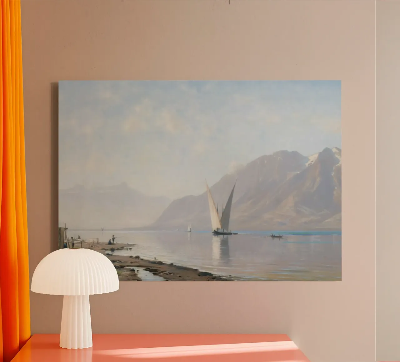 Noors fjord: Kustlandschap zeilboot, sereen zeegezicht canvas met Baklijst van ClubArt