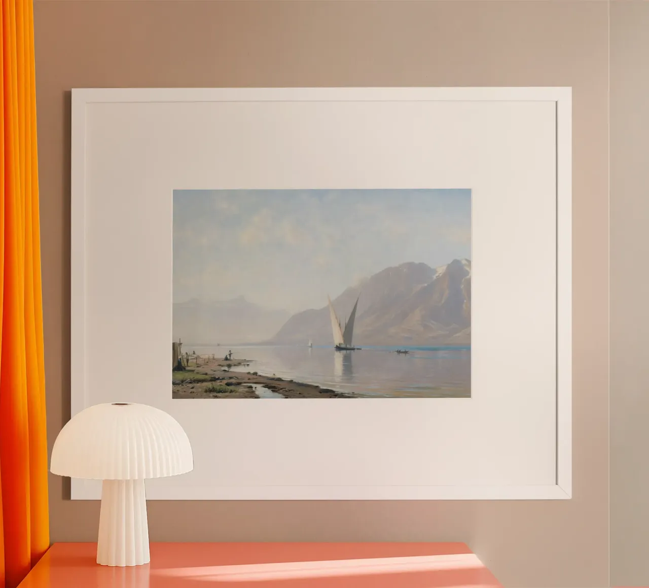 Noors fjord: Kustlandschap zeilboot, sereen zeegezicht poster met houten frame van ClubArt