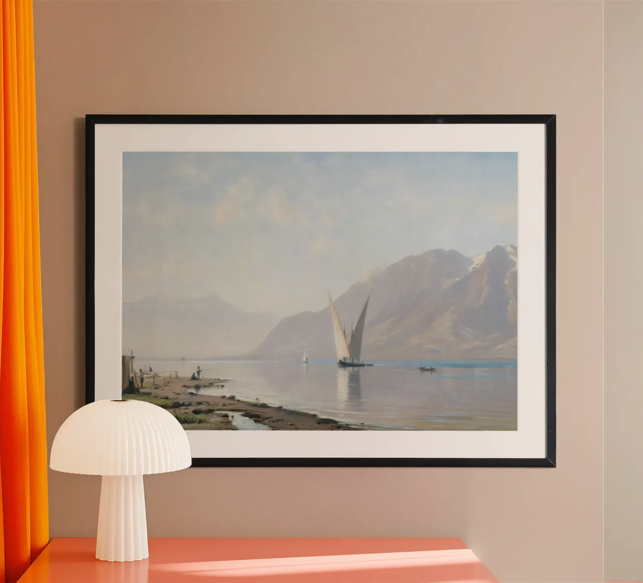 Noors fjord: Kustlandschap zeilboot, sereen zeegezicht poster met houten frame van ClubArt