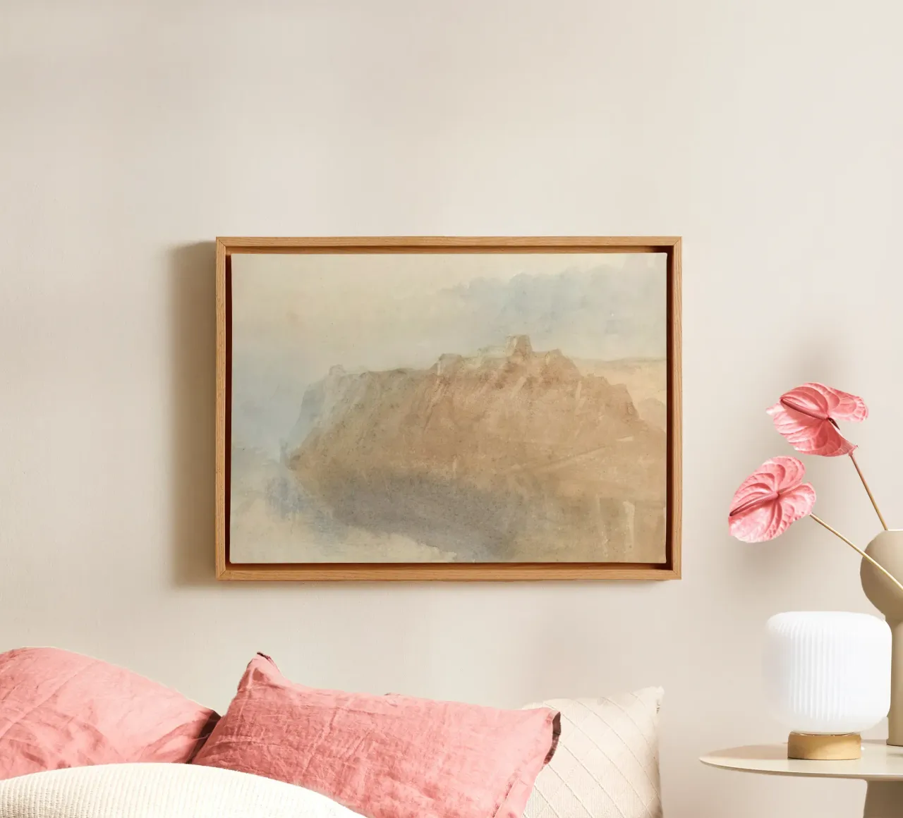 Nevelige kliffen: Abstract landschap, aardetinten Print canvas met Baklijst van ClubArt