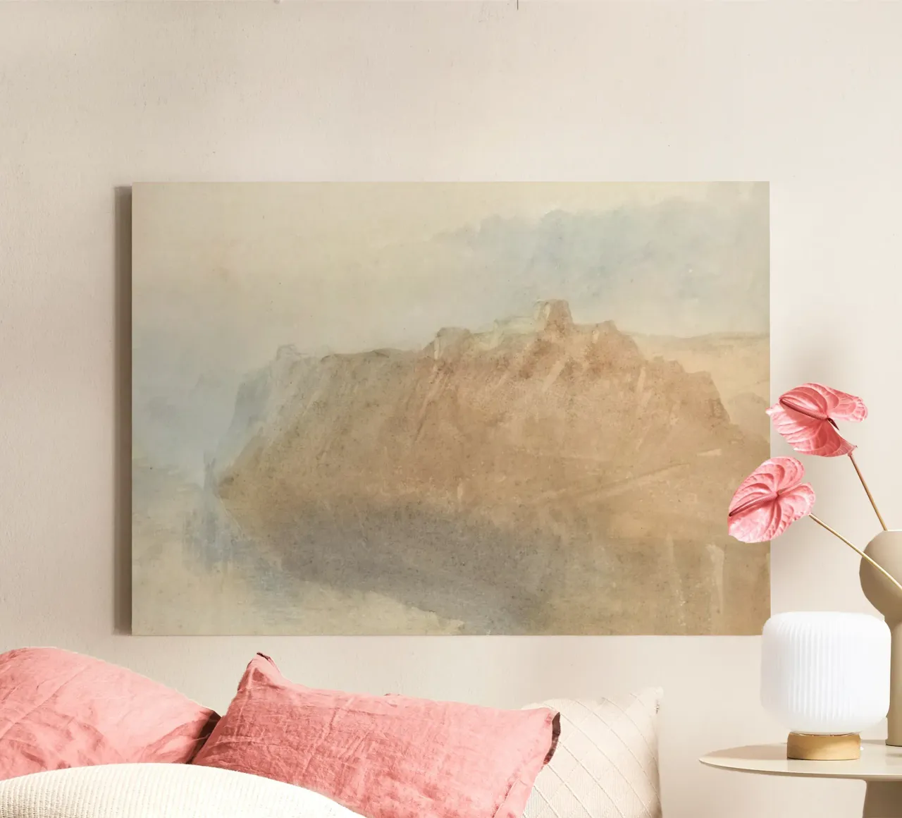 Nevelige kliffen: Abstract landschap, aardetinten Print canvas met Baklijst van ClubArt