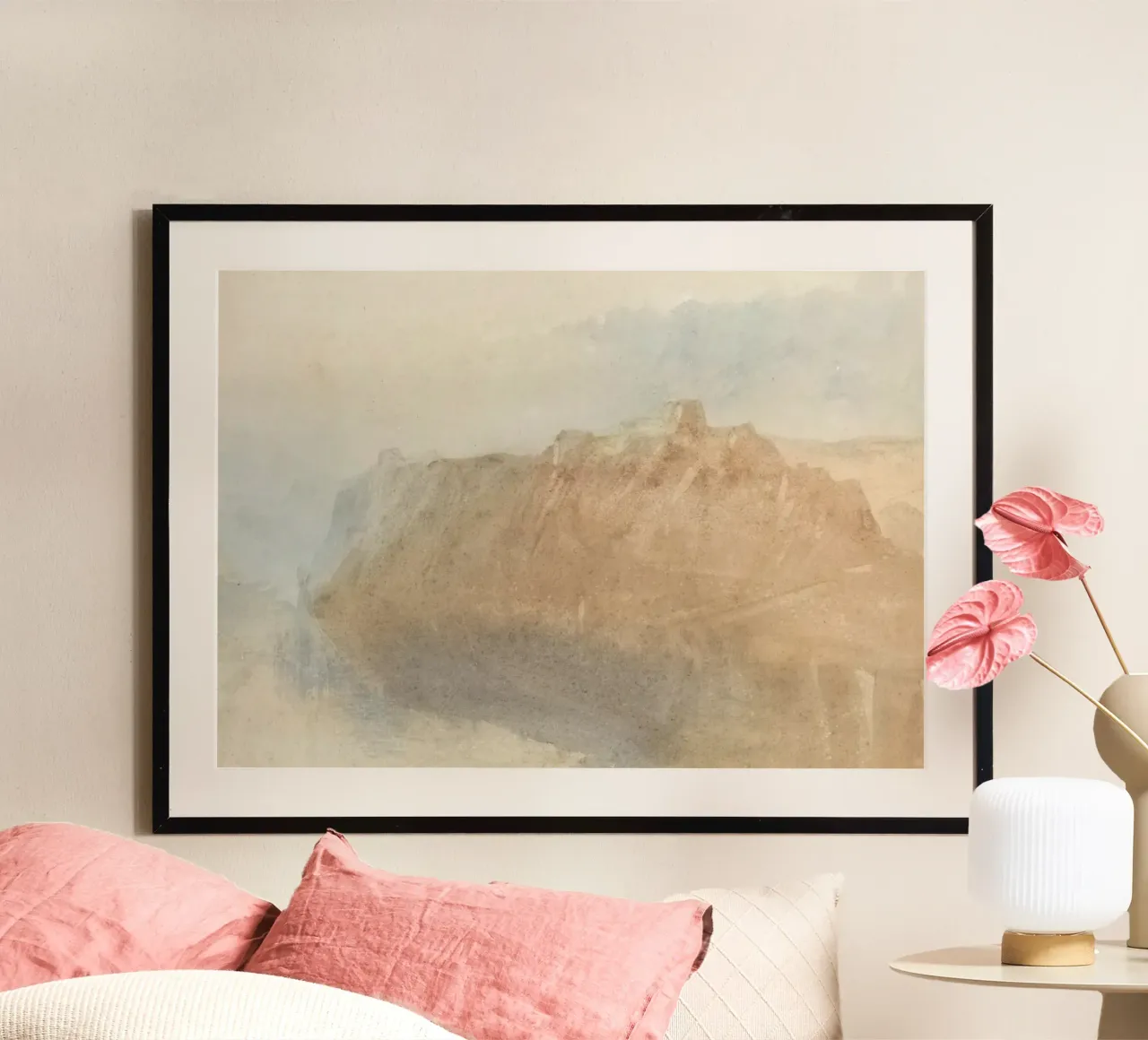 Nevelige kliffen: Abstract landschap, aardetinten Print poster met aluminium frame van ClubArt